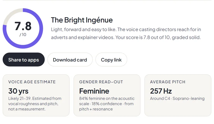 Rate My Voice result panel showing a 1 to 10 score ring, voice type, voice age estimate, gender read-out and average pitch