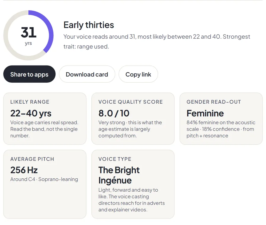 Voice age test result showing an estimated age, the likely age range and the traits behind the estimate